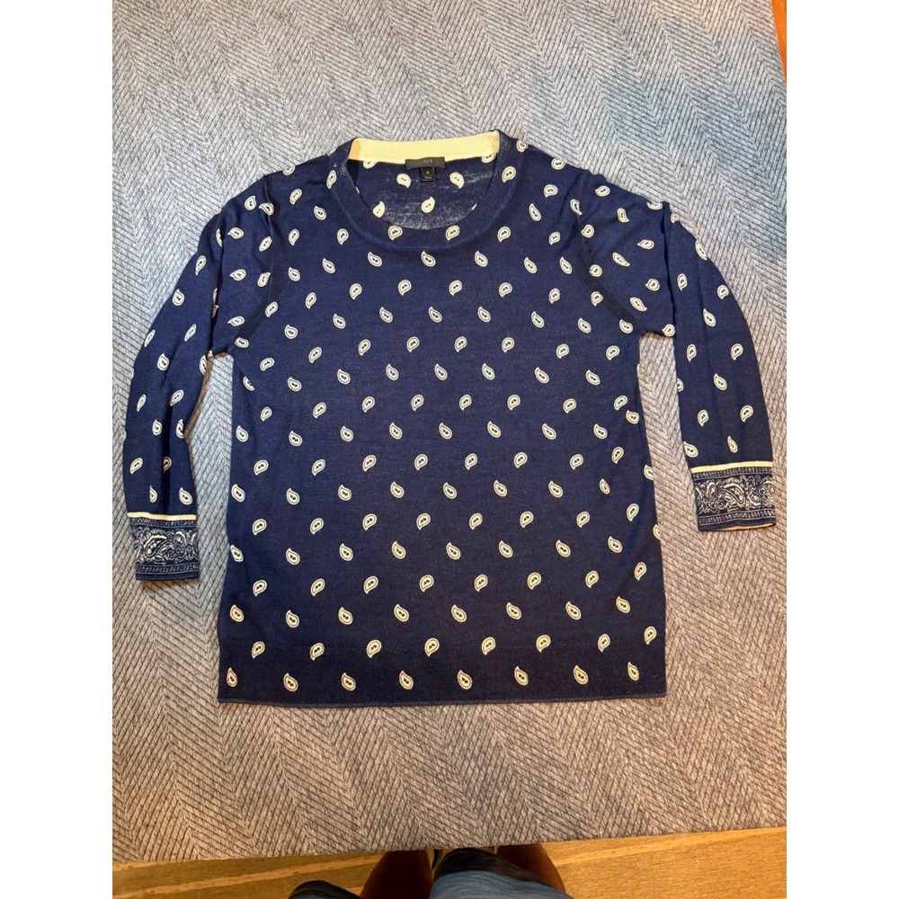 J. Crew blue paisley wool pullover sweater lightweight soft 3/4 sleeves Size XL